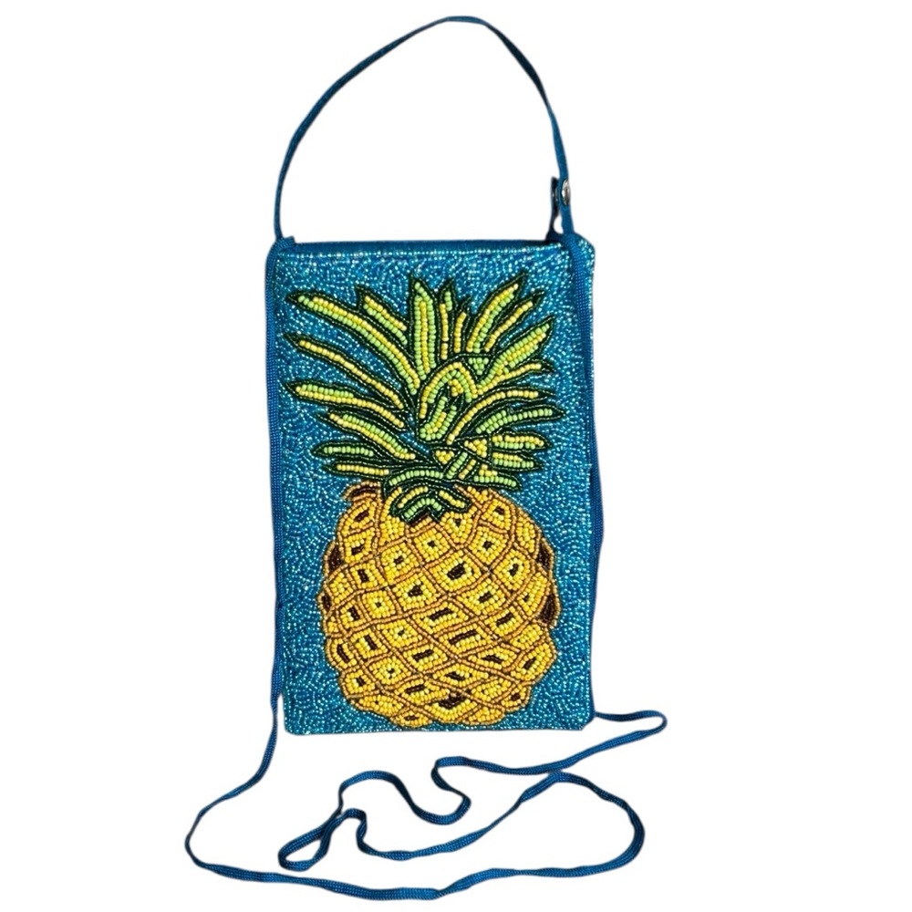 Bamboo Trading Company Blue and Gold Bead Pineapple Crossbody Club Phone Bag